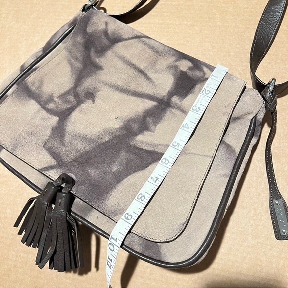 ABRO suede leather abstract print saddle bag, brown and tan, adjustable strap - Picture 12 of 12